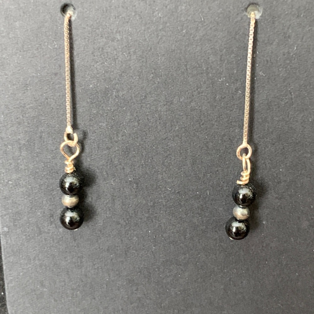 925 Sterling Silver Black Onyx Desert Pearl Threader Earrings Southwestern Boho